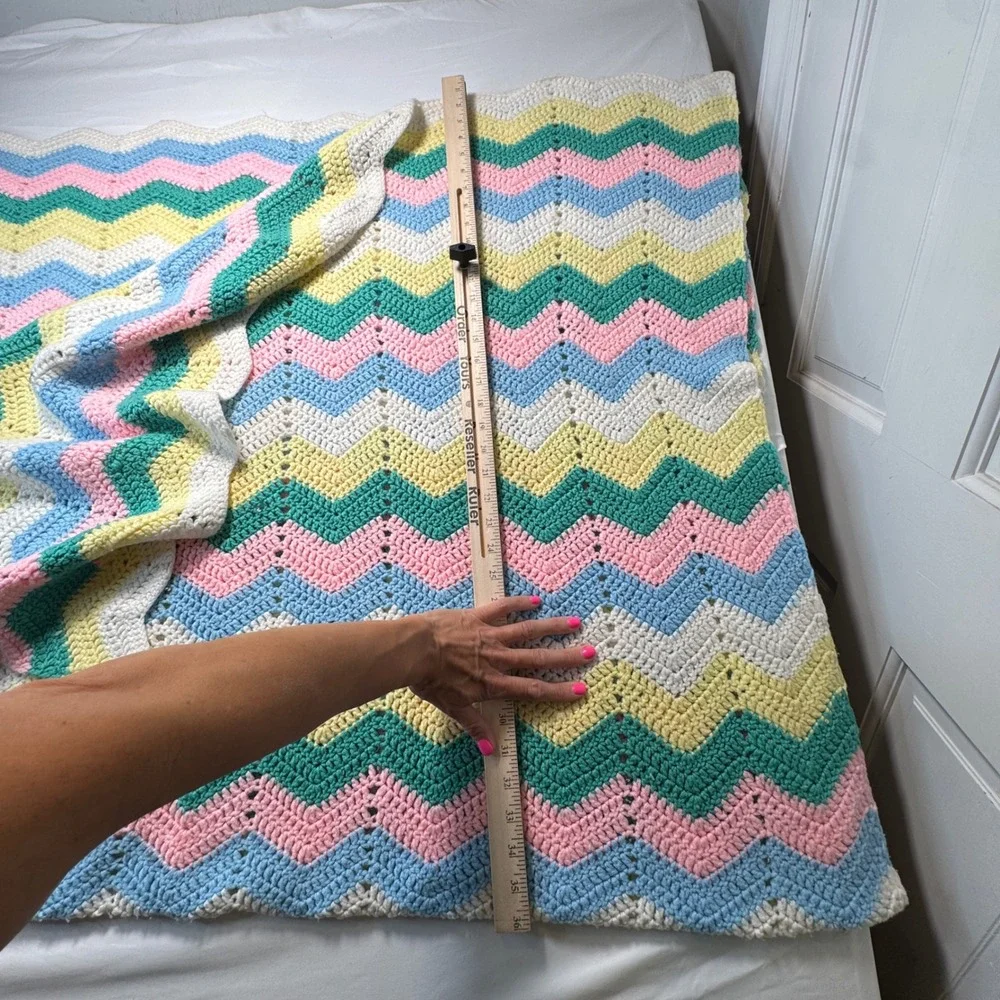 VTG Crochet Granny Blanket Handmade Pastel Chevron Afghan Pink Blue Yellow 48x72